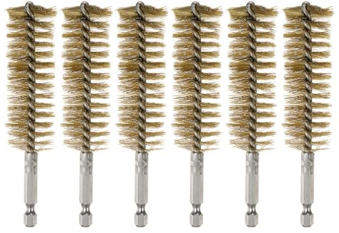 sourcing map 6Pcs Brass Bore Brush 25mm Dia 4.5 Long Cleaning Twisted Wire Brush with Handle 1/4 Hex Shank for Tubes Ports Bearings, Yellow