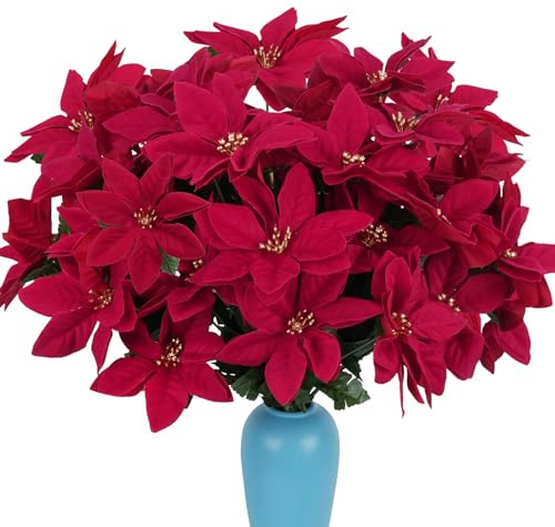 FALSKT Rosa 6pcs Weihnachtsstern Künstliche Blumen Plastikblumen Kunstblumen Weihnachten Dekoblumen für Christmas Fensterbank Tischdeko Balkon Draußen Dekoration