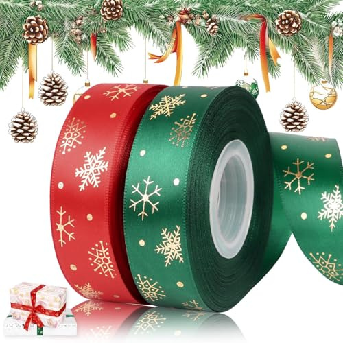 DERAYEE Ruban de Noël en Polyester Rouge et Vert Forêt 2 Rouleaux 46M au Total Largeur 2.5CM,Ruban Cadeau Emballage Noel