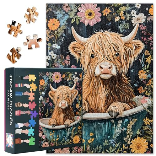1000 Teile Puzzle für Erwachsene, Lustiges Motiv Einer Highland Cow in Einer Badewanne umgeben von blumengeschmückten Blumen, Puzzle 1000 Teile, 70x50 cm