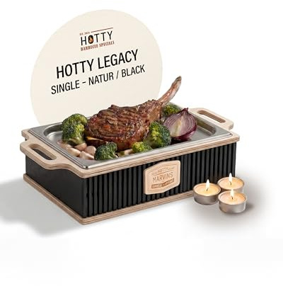 INEXTERIOR – Hotty Legacy Warmhalteplatte zum Grillen – BBQ Warmhaltebehälter für Speisen – Grillgut Stövchen – Speisenwärmer mit Teelicht – BBQ-Board für Grillpartys (All Black, S, personalisierbar)