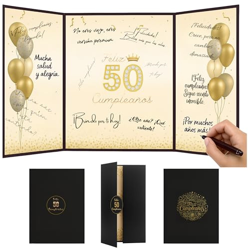 EQUIK PRODUCTS Tarjeta de Felicitación 50 Cumpleaños | Tarjeta 3D Plegable con Mensajes | Diseño Elegante Dorado | Álbum de Firmas para 50 Años | Regalo para Hombres y Mujeres (50 Cumpleaños)