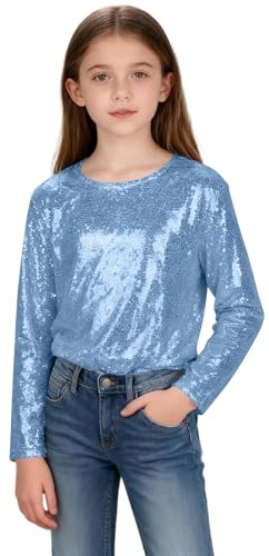 XINYUNZU Pailletten Langarmshirt Mädchen Jungen Glitzer Shirt Longsleeve Top Mode Oberteile Rundhals Glitzeroberteil T-Shirt Langarm für Kinder und Teenager Karneval Party Festival Blau 7-8 Jahre