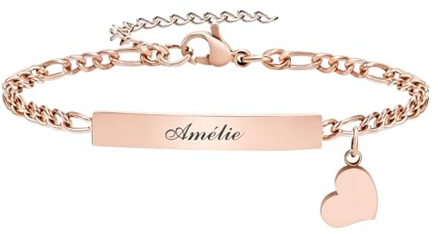 Gamtic Bracelet Femme Personnalisé Chaine Reglable, Bracelet Gravé Prénom Date Coeur en Acier Inoxydable Chaîne Figaro Cubain Argenté, Bijoux Cadeaux pour Femmes Petite Amie Filles Hommes Garçons