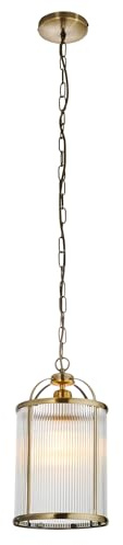 National Lighting Mateo Pendant Light 200mm - Antique Brass with Clear Ribbed Glass Shade, Adjustable Chain, Elegant Ceiling Hanging Light Fixture for Hallway, Dining Room, Stairwell & Living Space