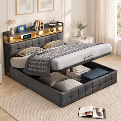 Zorvani Polsterbett 140x200cm mit Stauraum Kopfteil, Hydraulisches Bett mit Stauraum&Lattenrost, Doppelbett mit USB & Type-C Aufladen, LED Jugendbett, Leinen, Grau