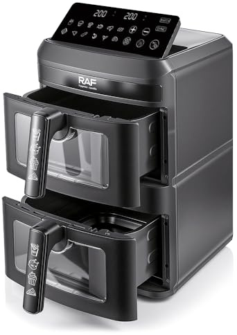 RAF Friggitrice ad Aria Doppio Cestello 14L, 2800W, Dual Zone 7L+7L, Temperatura 60-200°C, Timer 60 Minuti, Nero Opaco, Modello R.50