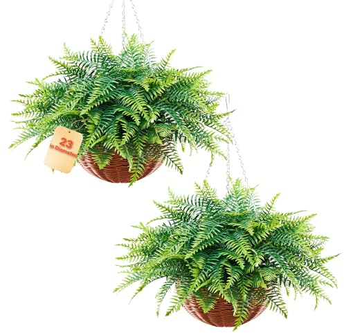 VEVOR Helechos Artificiales Paquete de 2, Helechos de Boston Artificiales Colgantes Longitud de 584,2 mm, Hojas de Seda y LDPE con Maceta para Interior y Exterior Decoración Jardín Balcón Hogar Porche