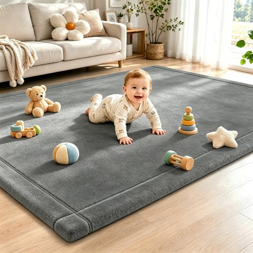 Capslpad Krabbelmatte Baby 200x150x2.5 cm Wolkenweiche Spielmatte Kind mit Hochwertigem Memory-Schaum und Rutschfester Unterseite-Kinderteppich, Spielteppich Kinder, Krabbeldecke für Baby, Grau