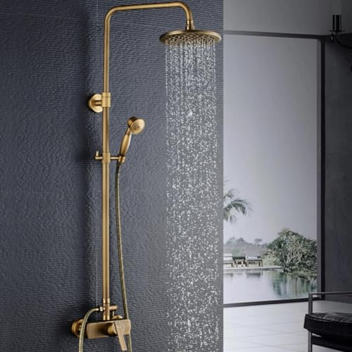 Auralum Columna de Ducha de Latón Antiguo con Rociador Lluvia 20cm y Alcachofa de Mano Teléfono, Conjunto de Ducha Retro de Cobre Altura Ajustable, Grifo Monomando Vintage para Baño Rústico y Reformas
