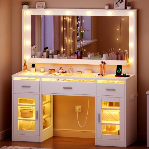 TEENFON Schminktisch mit Große LED-Spiegel und RGB-Beleuchtung, Glasplatte, Einstellbarer Helligkeit, 3 Schubladen, 2 Türen, Steckdosen, Moderne Schminktisch für Schlafzimmer, Weiß