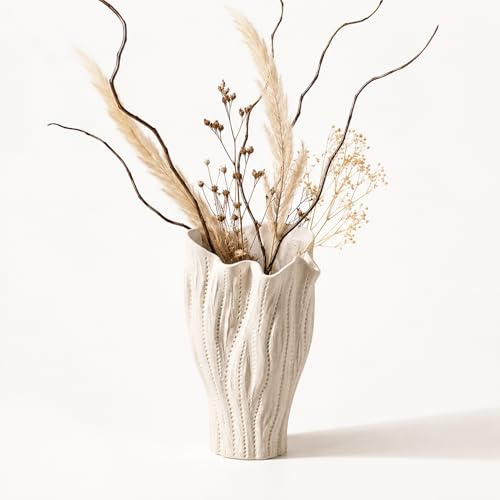 Spetsbst Keramik Vase, 23.7 cm Blumenvase Modern Design | Vasen Deko Wohnzimmer, Boho Style Vase für Esstisch, Fensterbank, Schlafzimmer (Weiß)