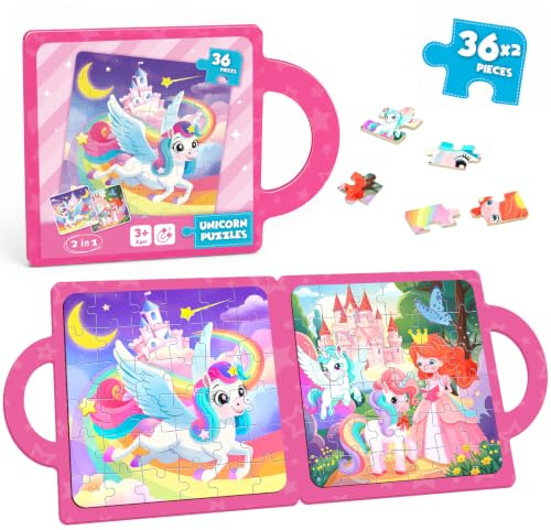 Magnetpuzzle für Kinder 3-8 Jahre– 36pcs Einhorn Puzzle mit Tragegriff | Reise Puzzle Spielzeug – Auto und Flugzeug Beschäftigung für Kinder, Pädagogisches Lernspielzeug & Geburtstagsgeschenk