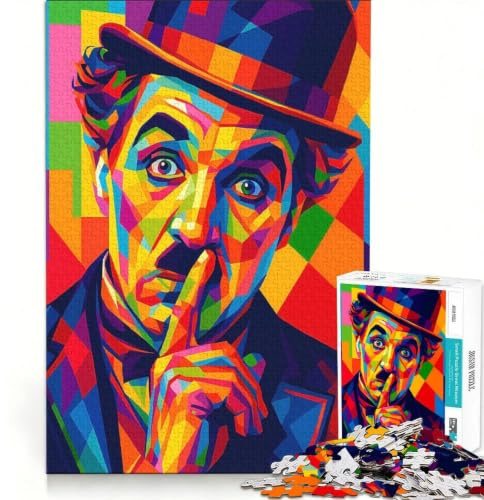 1000-teiliges Puzzle für Erwachsene: Charlie Chaplin farbenfrohes Pop-Art-Porträt, Lernspielzeug, fördert die Interaktion zwischen Eltern und Kind, ganze Familie 38x52cm