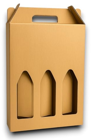 Natale - SCATOLA BOX PER 3 BOTTIGLIE AVANA MARRONE VINO BIRRA OLIO 750 ML MANICO CARTONE