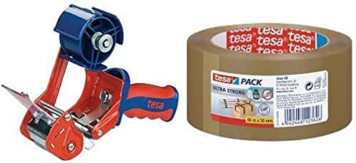 tesa Profi-Packband-Set (Handabroller Comfort und 3 Rollen Paketband tesapack ultra strong, 66 m x 50 mm) braun