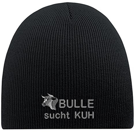 Fan-O-Menal Beanie-Mütze mit Einstickung - BULLE SUCHT Kuh - Wollmütze Wintermütze Strickmütze - 54818 schwarz