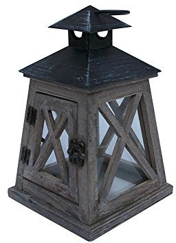 TentHome Vintage Holz-Laterne Landhaus kandelaber Gartenlaterne mit Metalldach Klassik Windlicht Stalllaterne Leuchte Kerzenhalter Kerzenleuchter Teelichthalter Dekoration (Antik grau)