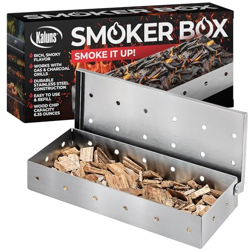 Kaluns Universelle Edelstahl-Räucherbox, Gasgrill oder Holzkohlegrill, Sm0ker-Box, funktioniert mit Holzspänen, fügt köstlichen Rauchgeschmack hinzu, Scharnierdeckel, verwindungsfreies Grillzubehör