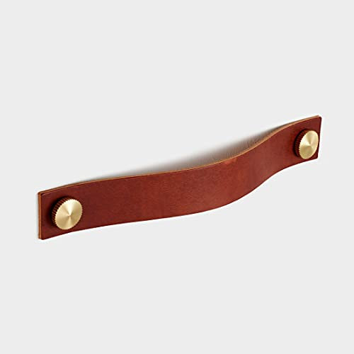 Cowhide Leather Strap Handle Pulls | by Pushka Home | Brown with Gold Brass Studs | for Cabinets, Cupboards, Wardrobes, Doors, Drawers – PH70 – Hole Centre 160mm