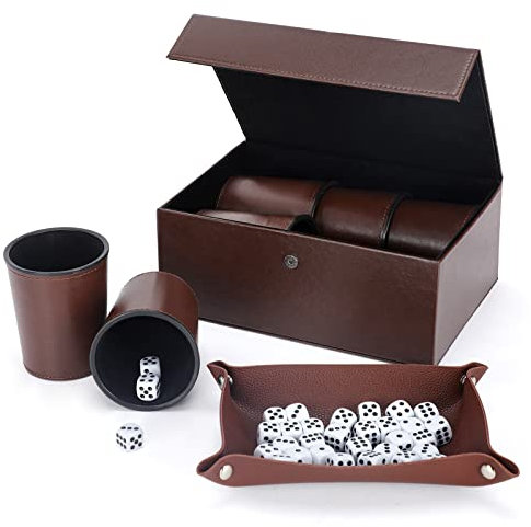 X SIM FITNESSX Würfelbecher Set, 6 PU Leder Würfel mit Becher + 30 Punktwürfeln + Exklusives Aufbewahrungs und Transportetui aus Kunstleder mit Magnetverschluss (Braun)