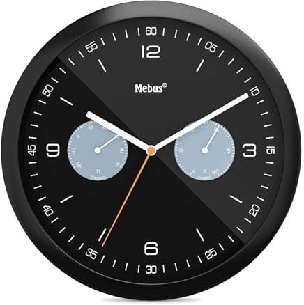 Mebus Quarz-Wanduhr mit Thermometer und Hygrometer / Kunststoff / Rund / Modell: 16100 / Farbe: Schwarz, 26 cm Durchmesser