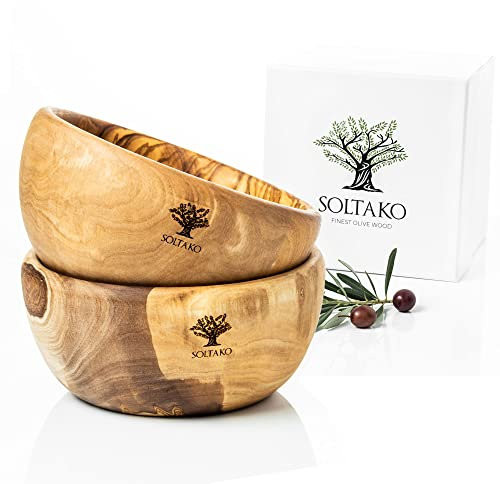 SOLTAKO Olivenholz Schale Buddha Bowl Müslischale Schüssel Holzschlae Frühstücksschale Dessertschale Eisschale Ø Durchmesser: ca. 14cm, Höhe: ca. 7,5cm, Handarbeit (Ø 14 cm, 2x Bowl)