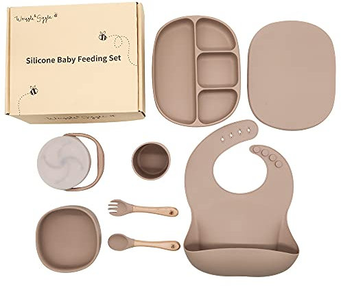 Set de alimentación para bebés | Plato, cuenco, babero, cuchara, tenedor, taza, pote de merienda | Juego de destete para bebés, niños y niñas | Silicona y materiales de madera (Khaki)