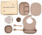 Set de alimentación para bebés | Plato, cuenco, babero, cuchara, tenedor, taza, pote de merienda | Juego de destete para bebés, niños y niñas | Silicona y materiales de madera (Khaki)
