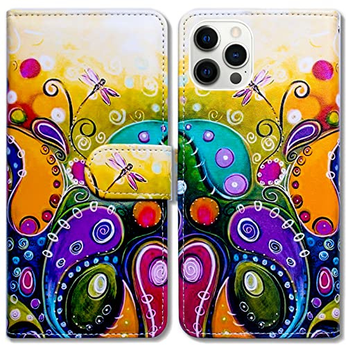 Bcov Case for iPhone 13 Pro, Colorful Dragonfly Leather Flip Phone Case Wallet Cover with Card Slot Holder Kickstand For iPhone 13 Pro