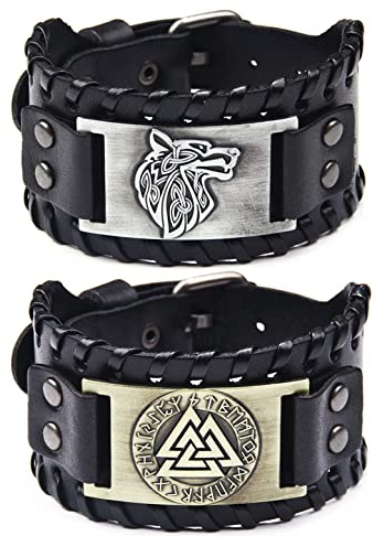 Sehaby 2 Stück Viking Celtic Knot Armband Nordic Wolf Head Odin Dreieck Rune breite Manschette Armreif handgewebtes Vintage Lederarmband