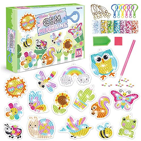 TOYESS 15 PCS Diamant Painting Kinder Set, DIY 5D Diamond Painting Schlüsselanhänger Mit Genug Diamanten, Acrylplatten und Sonstiges Zubehör, Tier Geschenk Mädchen für 6 7 8 9 10 11 12 Jahre, Tier