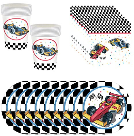 BlinBlin Rennen Partyzubehör für Jungen, Teiliges Racing Car Party Supplies, Rennauto Teller Becher und Servietten, Partydekoration, Partygeschirr für 16 Gäst