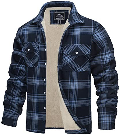 TACVASEN Checked Shirt for Men Outdoor Work Jackets Winter Flannel Fleece Shirts Lumberjack Shirt with Pocket Grey Blue L