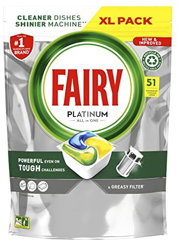 Fairy Platinum All In One Dishwasher Tablets, Lemon, 51 Tablets, For Tough Challenges, Even Cleans Greasy Filters