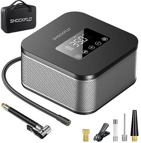 ShockFlo Tire Inflator Portable Air Compressor for Car Tires-Ultra Faste Inflation 7800mAh Battery & 150PSI & 12V DC Electric Air Pump with Digital Pressure Gauge Emergency LED Light Bikes