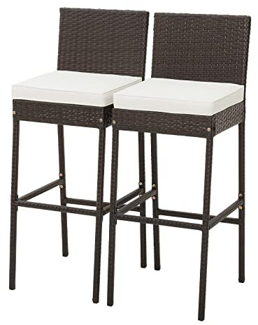 GIANTEX Rattan Barhocker 2er Set, Bistrostuhl Bistrohocker inkl. Kissen, Geflechtstuhl Barhocker-Set ergonomisch mit Rückenlehne, Rattanstuhl Barstuhl Thekenhocker bis 180 kg belastbar, 40x50x108 cm