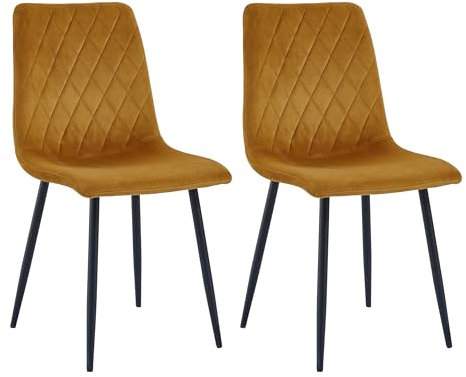 Esszimmerstühle 2er Set Ockergelb – Samt Gepolstert mit Rautensteppung – Metallbeine Schwarz – Moderne & Bequeme Polsterstühle für Küche & Wohnzimmer