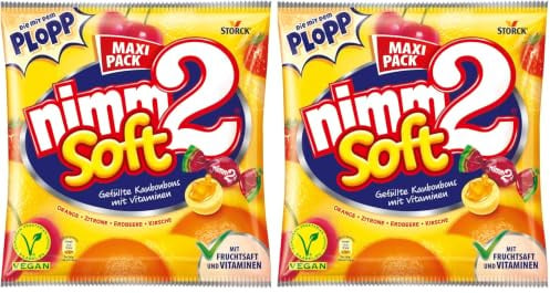 nimm2 Soft – 2 x 345g Maxi Pack – Gefüllte Kaubonbons in vier Sorten mit Fruchtsaft und Vitaminen
