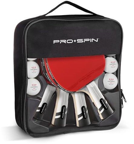 PRO SPIN Racchette da ping pong in carbonio, lama a 7 strati serie Elite, gomma di alta qualità, spugna da 2 mm e custodia protettiva in gomma (confezione da 4 pezzi, rosso/nero)