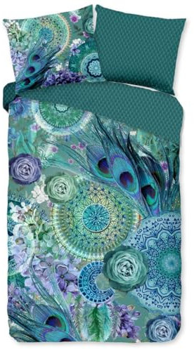 Hip Satin Wende-Bettwäsche KARI natürlich 100% reine Baumwolle | Bettwäsche Set blau grün mit Pfauenfedern Mandalas |