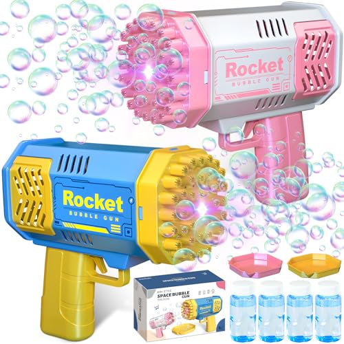 BGIUSQF 2 Stück Seifenblasenpistole, 40 Löcher Seifenblasenpistole Kinder, Seifenblasen Pistole 4 Flaschen Seifenblasenflüssigkeit + 2 Teller mit, Seifenblasen Bazooka mit Licht für Outdoor Party
