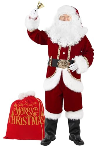 Boveco Weihnachtsmänner Kostümset für Erwachsene 11-teilig Deluxe Weihnachtsmann Kostüm Anzug Samt für Weihnachten Urlaub Party Cosplay