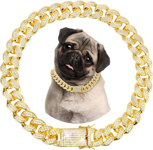 Dog Chain Collars, 15mm Width Diamond Cuban Link Dog Collar, Gold Chain Dog Collar with Secure Buckle, Dog Necklace Metal Cat Chain for Medium Large Dogs Cats, 18 Inches