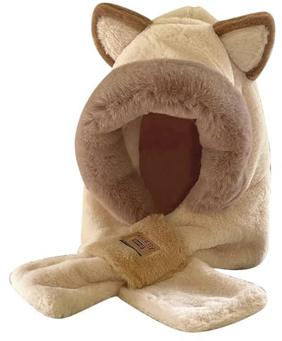 Neugeborenen Mütze Winter Niedliche Ohren, 2-in-1-Mütze und Schal, Ohrenschal, Mütze, Mütze, Schal, Kombi-Kapuze, kombiniert eine Mütze für Damen Head Cap Herren Winter (Beige, One Size)
