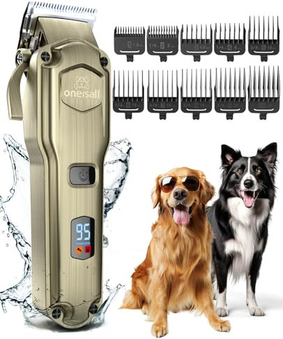 oneisall Tondeuses pour chiens IPX7 étanche Poil Long Epais professionnelles robustes à faible bruit haute puissance sans fil outils de toilettage pour animaux de compagnie (Or)