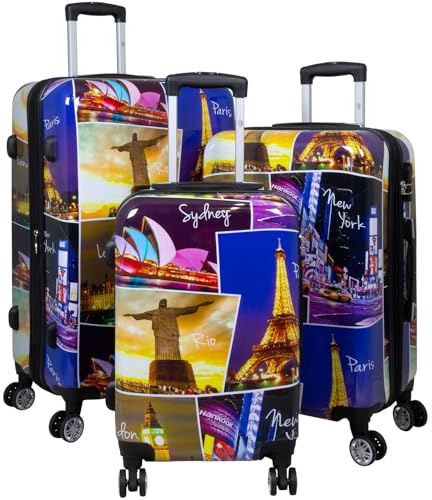 Warenhandel König Hartschalen 3tlg. Kofferset Trolleyset mit hochwertigem Motiv Print Five Cities mit Dehnfalte, Größe M, L und XL
