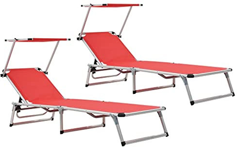 HEFZGDB Klappbare Sonnenliegen mit Dach 2 STK. Aluminium Textilene Rot Feldbett Gartenliege Strandkorb Geeignet für Pool, Terrasse, Garten.