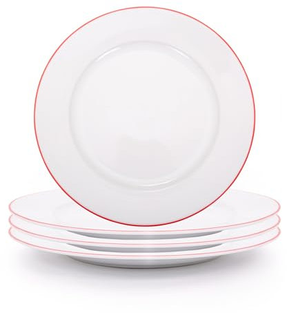 Happy Homewares Premium Set of 4 White Ceramic Side Plates with Elegant Thin Red Rim - Durable, Stylish Dinnerware for Modern Table Settings