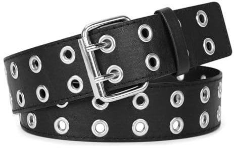JASGOOD Double Grommet Belt PU Leather Belt for Women/Men Halloween Punk Jeans 2 Hole Belt Wide 1.5 Inch Black Fit fo Waist Size 34 Inch
